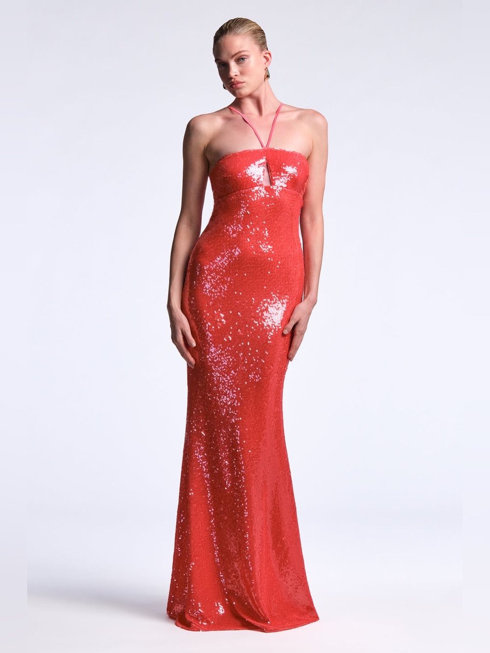 BCBGMaxAzria Colette Candy Pink Red Sequin Strapless Gown with Halter Detail